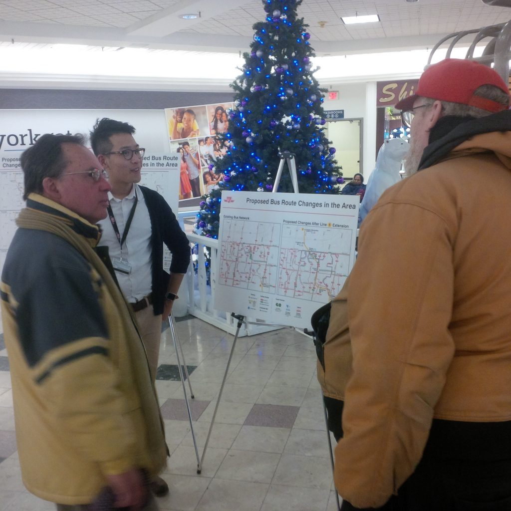 Ward 8 residents gather at Yorkgate Mall to listen to the TTC presentation about upcoming bus route changes